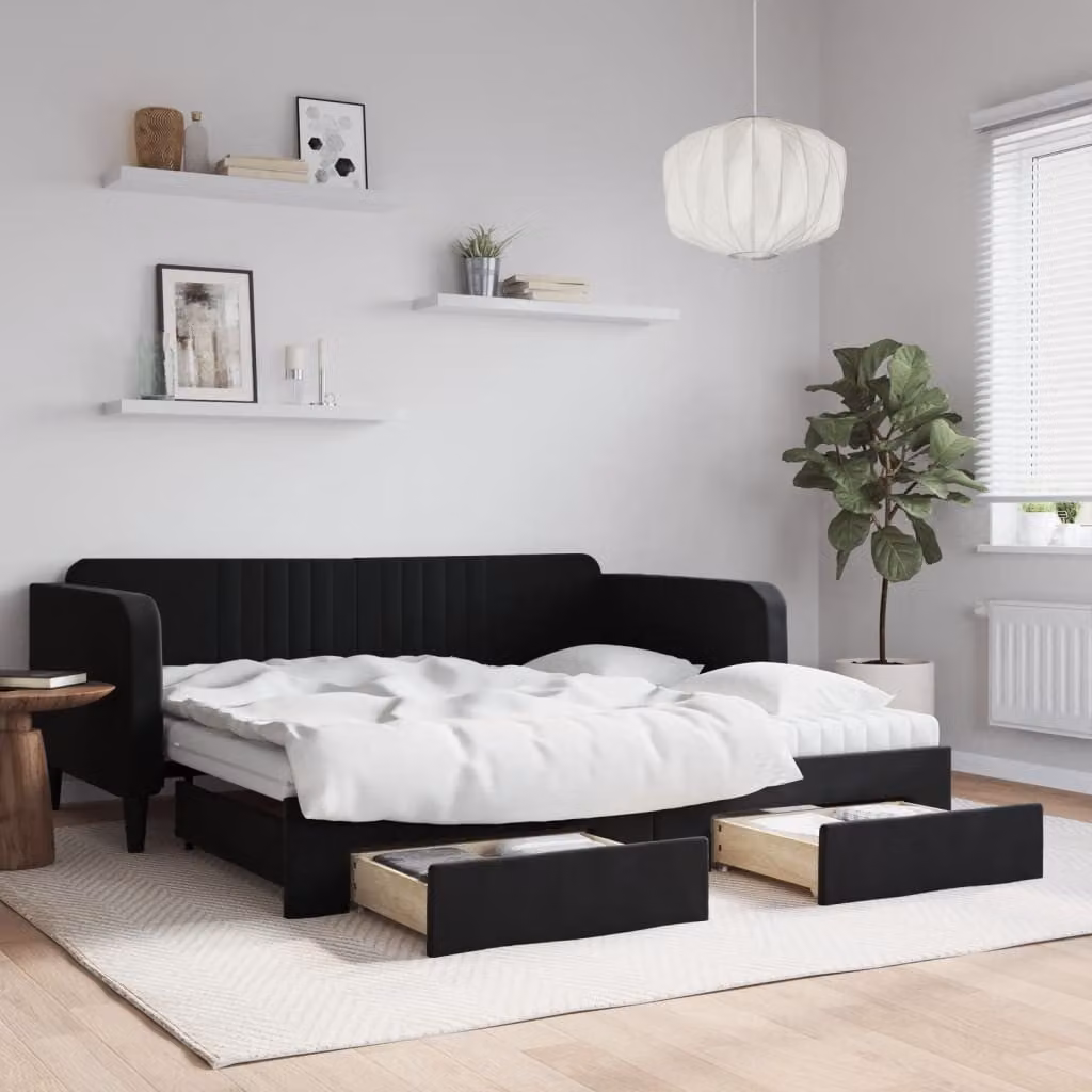 vidaXL Divano Letto Estraibile in Velluto Nero con Cassetti L/P/H: 90 x 190 cm