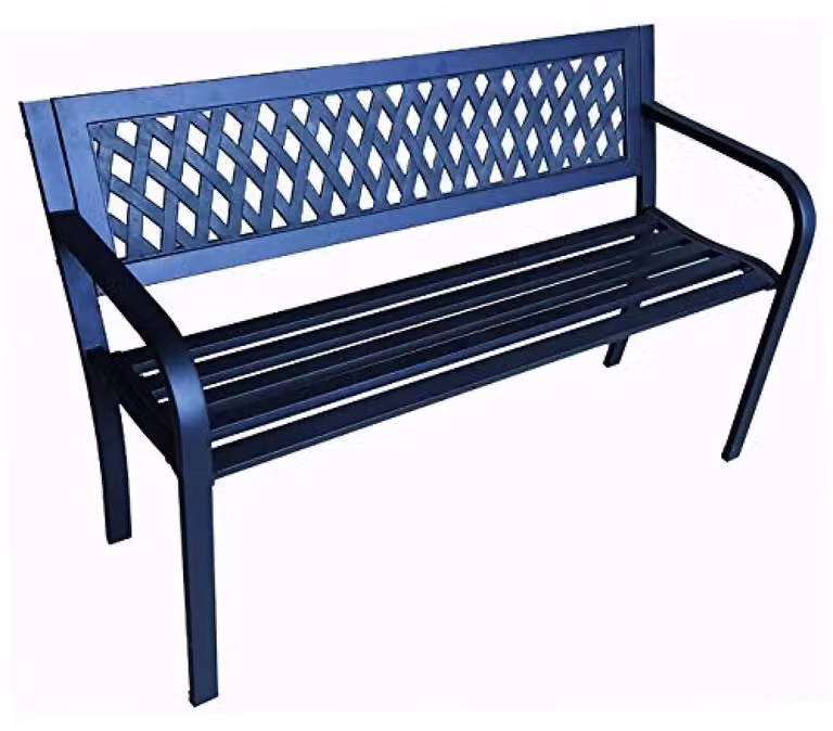Panca in acciaio con schienale, dimensioni 119x51x75 cm, peso 9 kg, adatta per l'uso all'esterno
