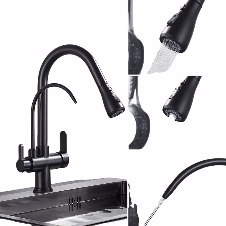 Rubinetto da cucina antico, design estraibile, doppia maniglia, nero opaco