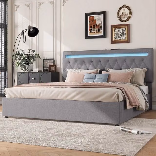 Letto contenitore imbottito ¨C Minimal ¨C Grigio 180x200cm con LED idraulico e porta USB