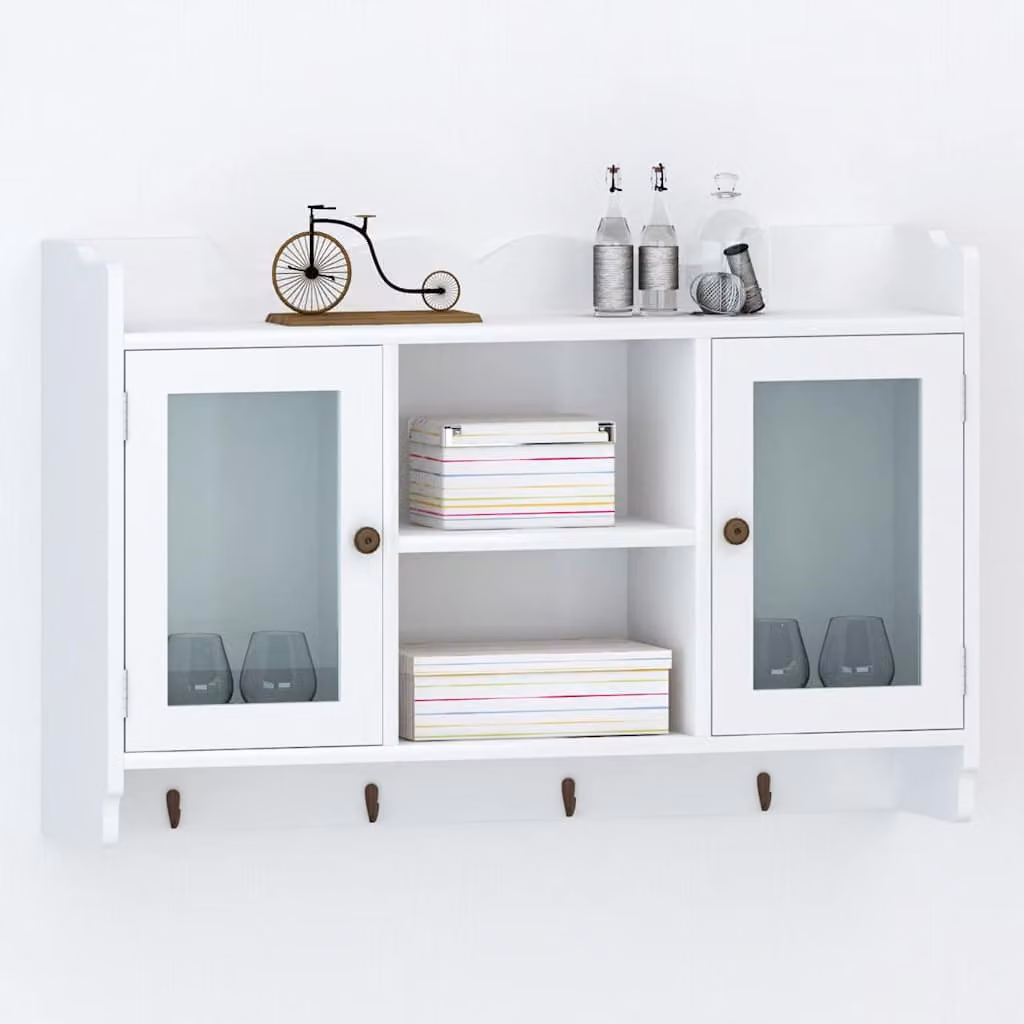 Pensile da parete moderno vidaXL in MDF laccato bianco con ante in vetro e ripiani interni