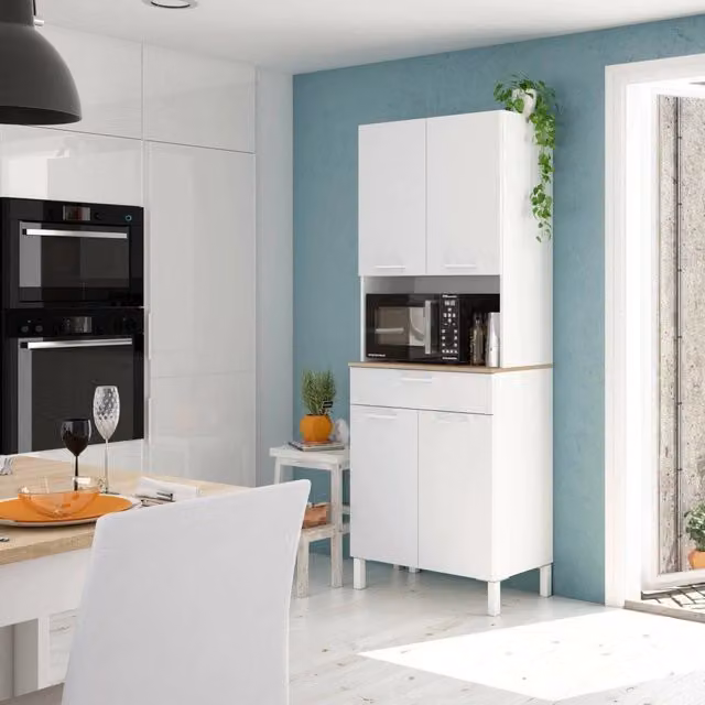 Credenza Dicentra DMORA, mobile ausiliario per cucina o bagno con 4 ante, 1 cassetto e ripiani interni, Bianco e Rovere, L: 72 cm, P: 40 cm, H: 186 cm