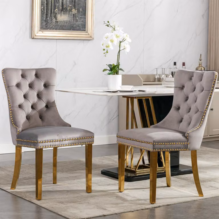 Sedie moderne per sala da pranzo in legno massello con rivestimento in velluto, gambe in acciaio inossidabile color oro e chiodini decorativi, set da 2, grigio e oro