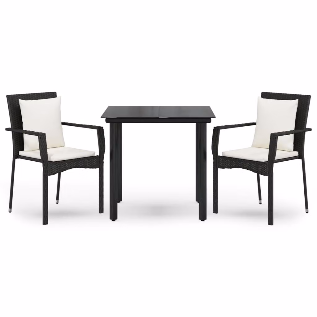 Set da Pranzo da Giardino 3 pz con Cuscini Nero in Polyrattan