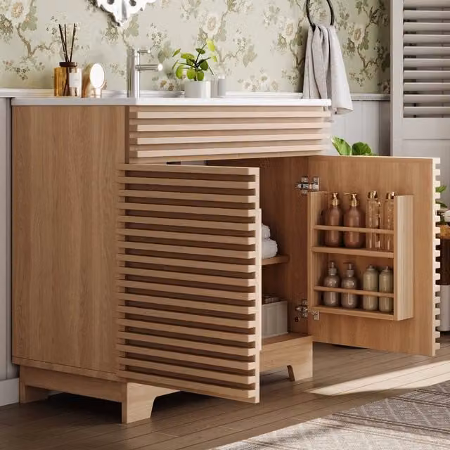Mobile lavabo da bagno 91x46x80 cm con lavandino integrato, ante a chiusura ammortizzata, ripiani interni, rinforzi orizzontali 3D e gambe alte, colore naturale