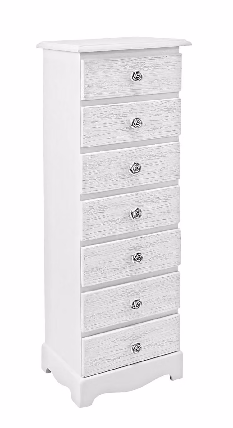 Cassettiera BLANC in legno bianco e 7 cassetti effetto decapato, 29x23x89 cm