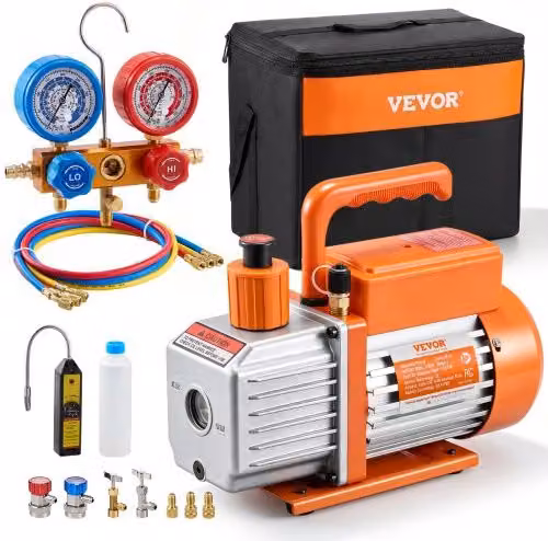 VEVOR Pompa per Vuoto e Manometro AC 2,12L/s, Pompa per Vuoto ad Aria HVAC, Kit Manometro Collettore Refrigerante A/C, con Tubi Rilevatori di Perdite, per R134a, R12, R22, R502a, R410A, R404, R407C