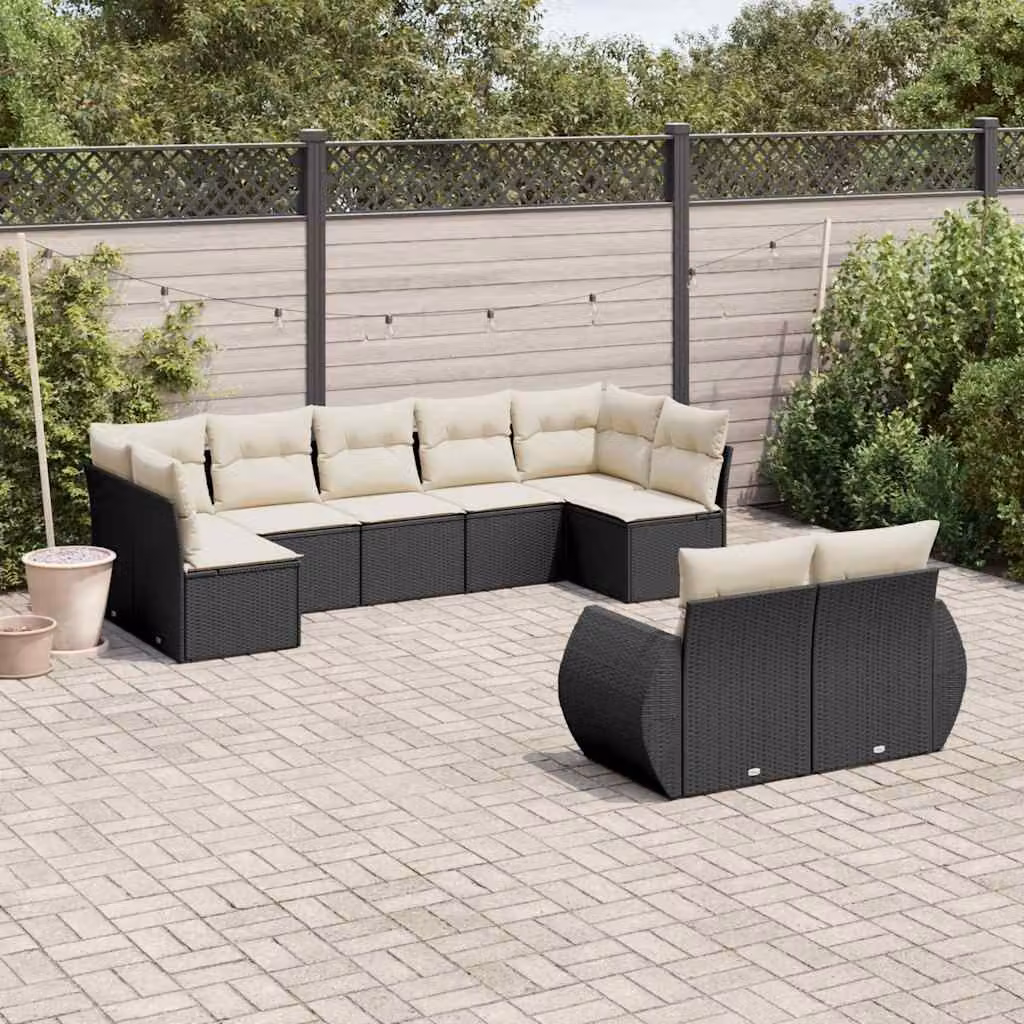 vidaXL Set Divani da Giardino 9 pz in Polyrattan con Cuscini Nero e Bianco – 1