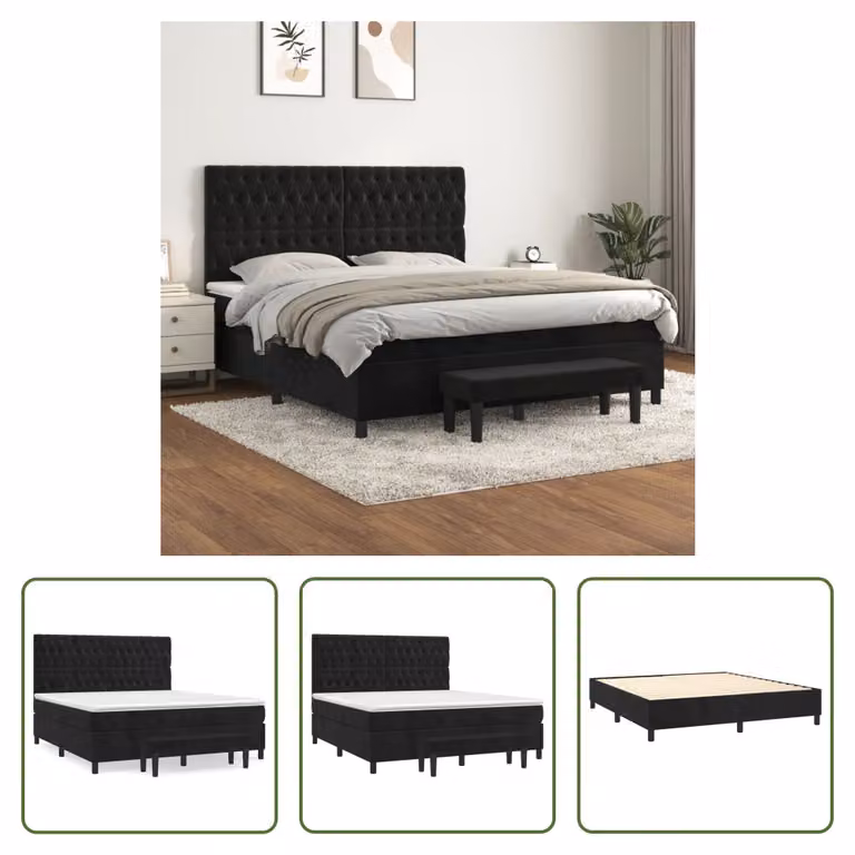 The Living Store Letto a molle con materasso nero 180x200 cm in velluto