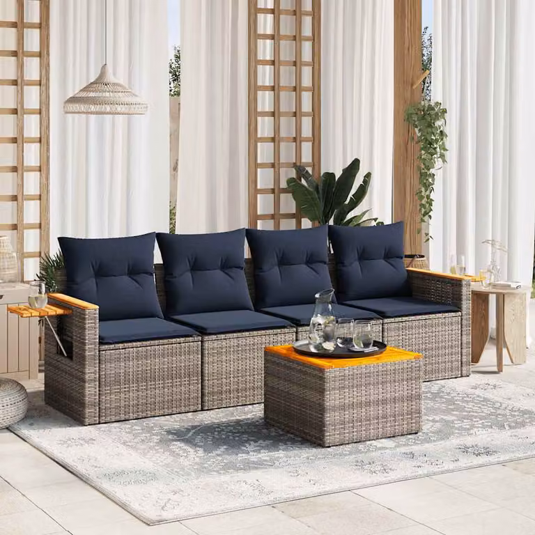 Set di divani da giardino vidaXL in polyrattan con cuscini grigi e blu, composto da divano a 3 posti, poltrone e tavolino da esterno