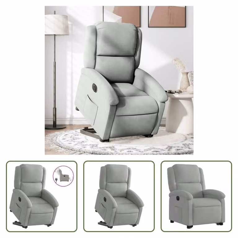 The Living Store Poltrona relax con supporto elettrico in velluto grigio chiaro