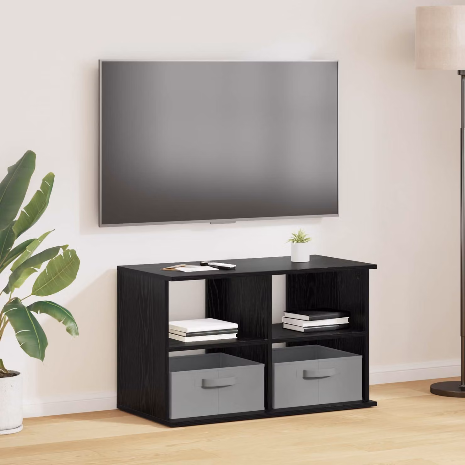 Supporto TV moderno vidaXL con cassetto in rovere nero, L 79 cm x P 40 cm x H 48 cm