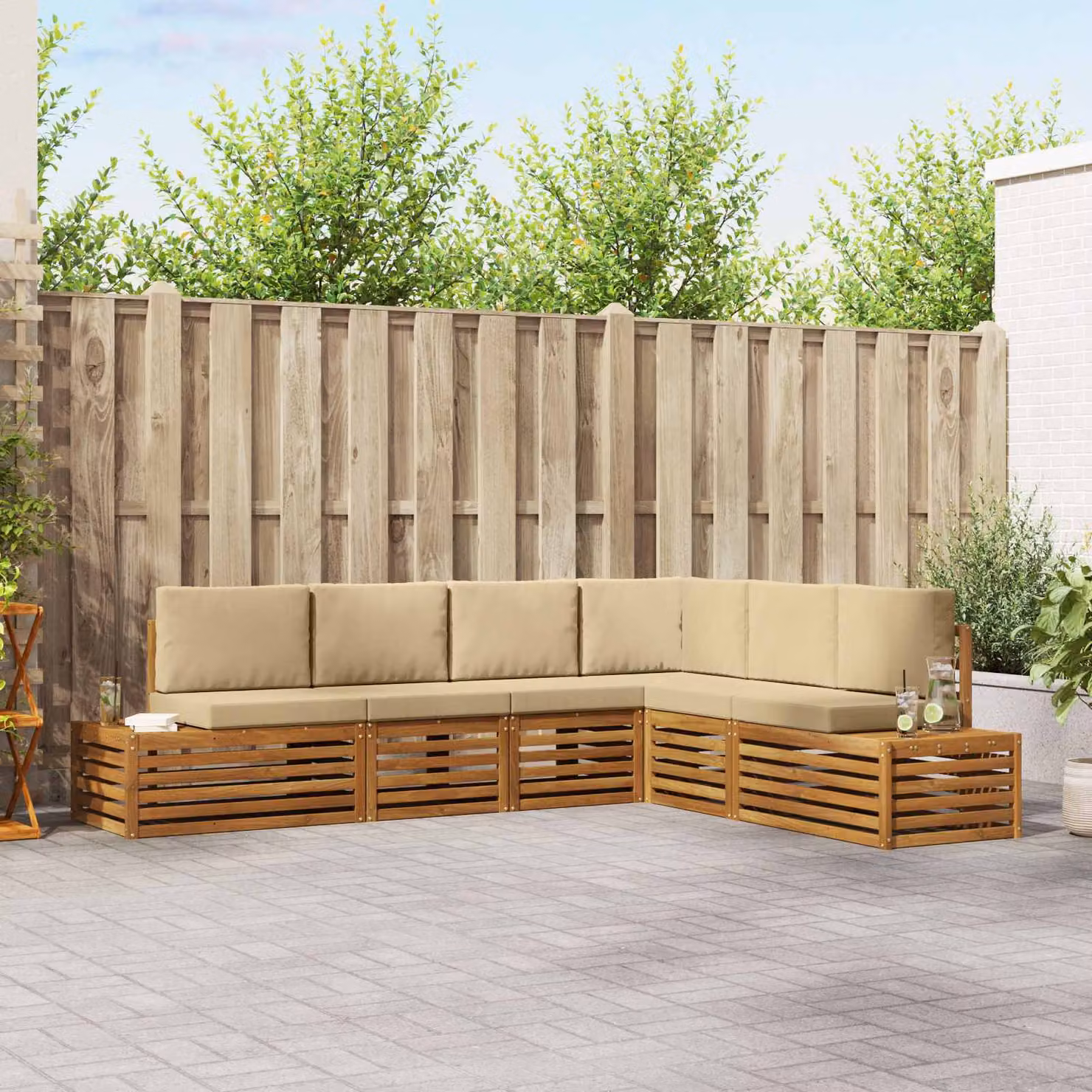 Set di 6 divani da esterno vidaXL a forma di L in legno di acacia con cuscini, colore marrone e beige