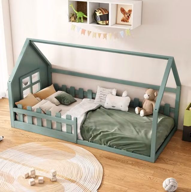 Letto per bambini 90x200 cm; a casetta; pino e MDF; verde