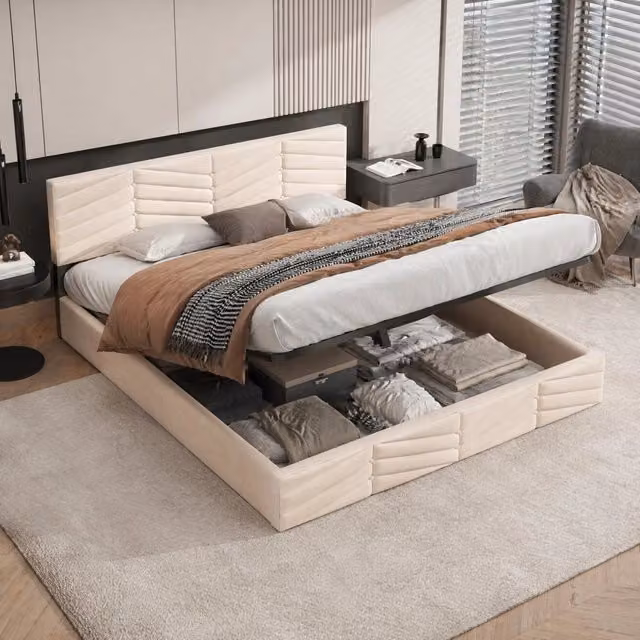 Letto matrimoniale imbottito con contenitore, meccanismo idraulico, velluto beige, testiera regolabile 180x200 cm