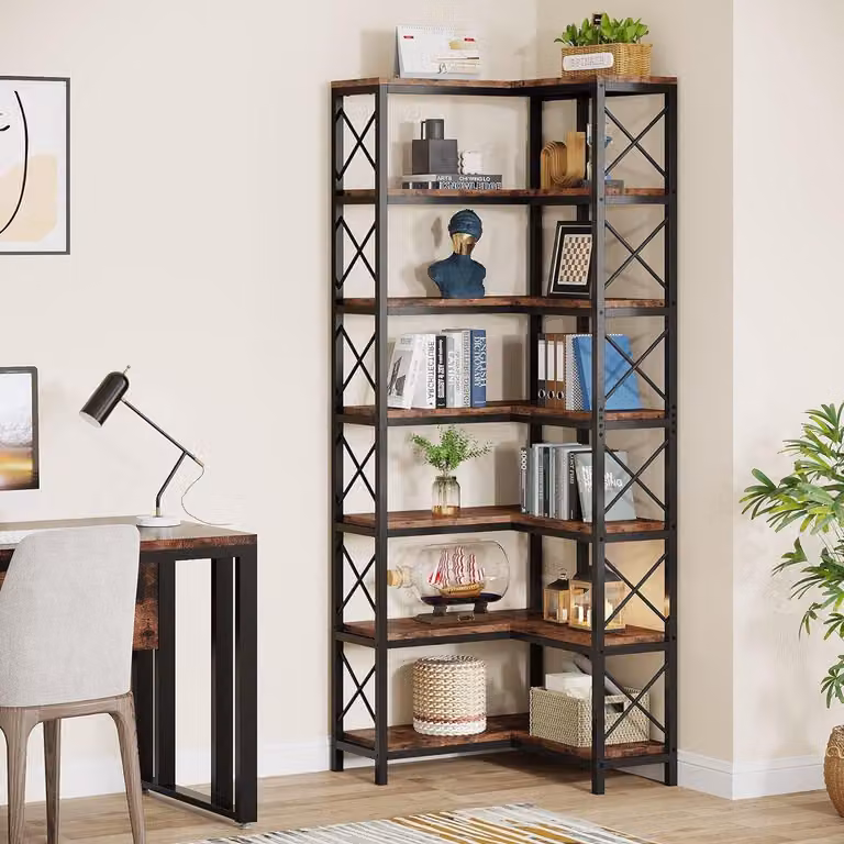 Libreria angolare con 7 ripiani - Libreria angolare industriale di grandi dimensioni - Realizzata in truciolato - Colore marrone e nero