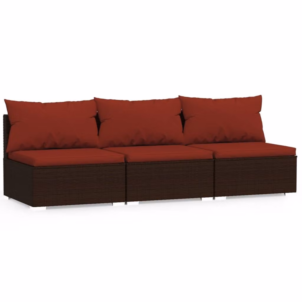 Divano a 3 Posti con Cuscini in Polyrattan Marrone