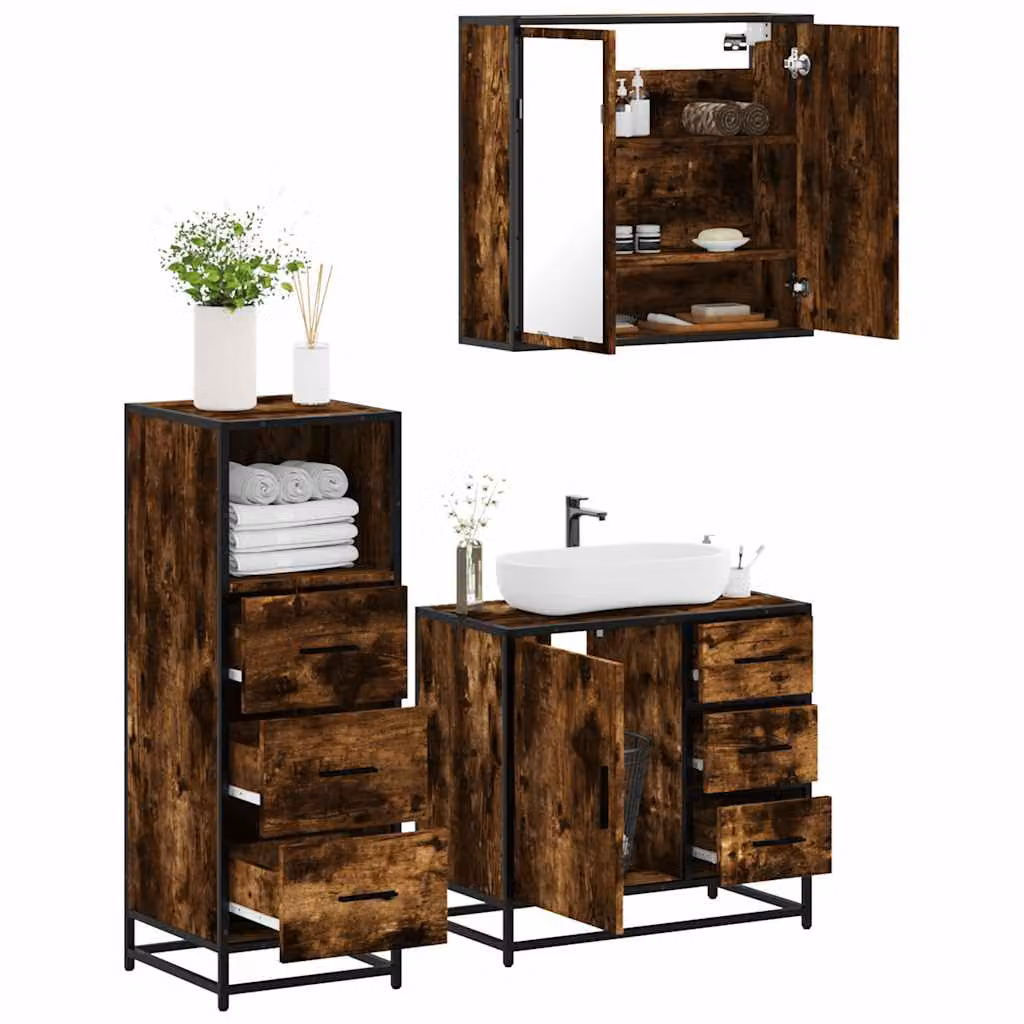 Set di mobili da bagno vidaXL in stile industriale composto da 3 pezzi in legno rovere e metallo, colore marrone