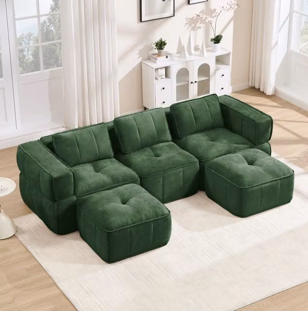 Divano modulare a U 3 posti con 2 pouf 271x162x67 cm in poliestere verde