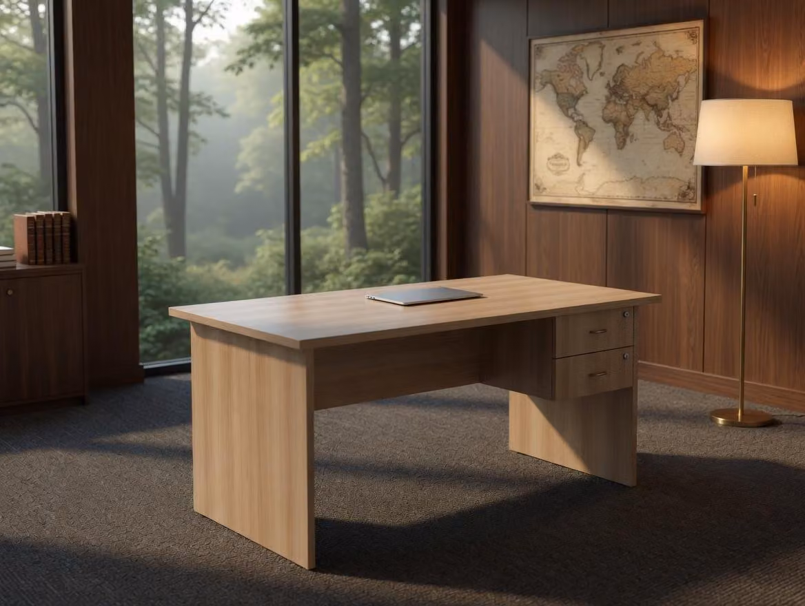 Scrivania moderna per ufficio, con finitura effetto legno e cassetti