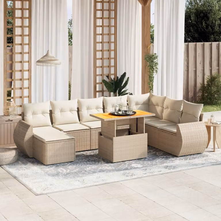 vidaXL Set Divano da Giardino 9 pz in Polyrattan Beige con Cuscini e Tavolino