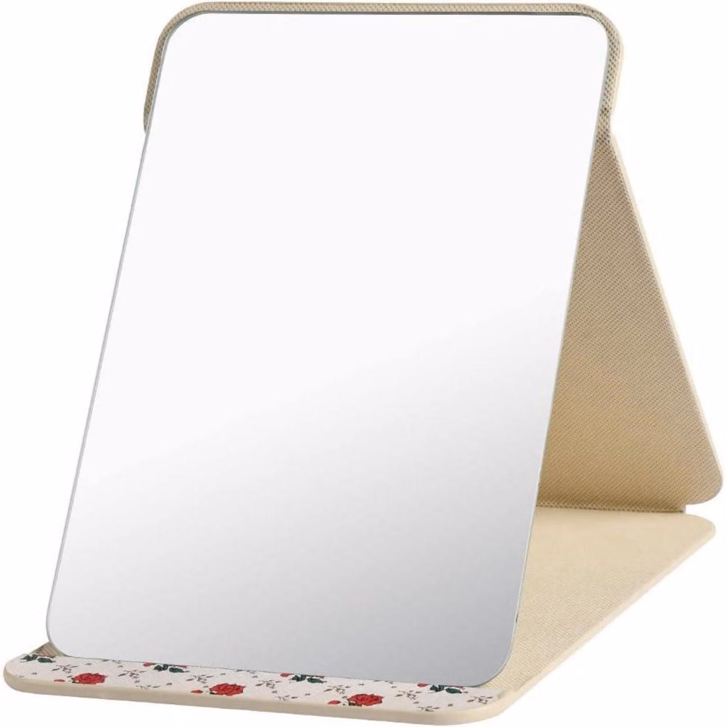 Specchio da trucco pieghevole, portatile, con vetro HD, rivestito in ecopelle beige, dimensioni 20,5x15 cm