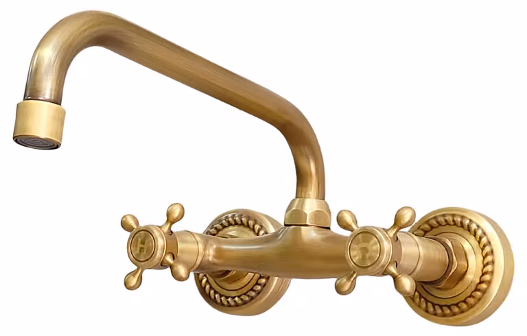 Rubinetto da parete in ottone anticato, altezza 24 cm, con bocchetta a collo di cigno e due maniglie