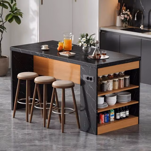 Isola da Cucina ¨C Minimal ¨C 155x80x90cm moderno con piano lavoro 40mm LED 2AC+2USB 3 ripiani aperti