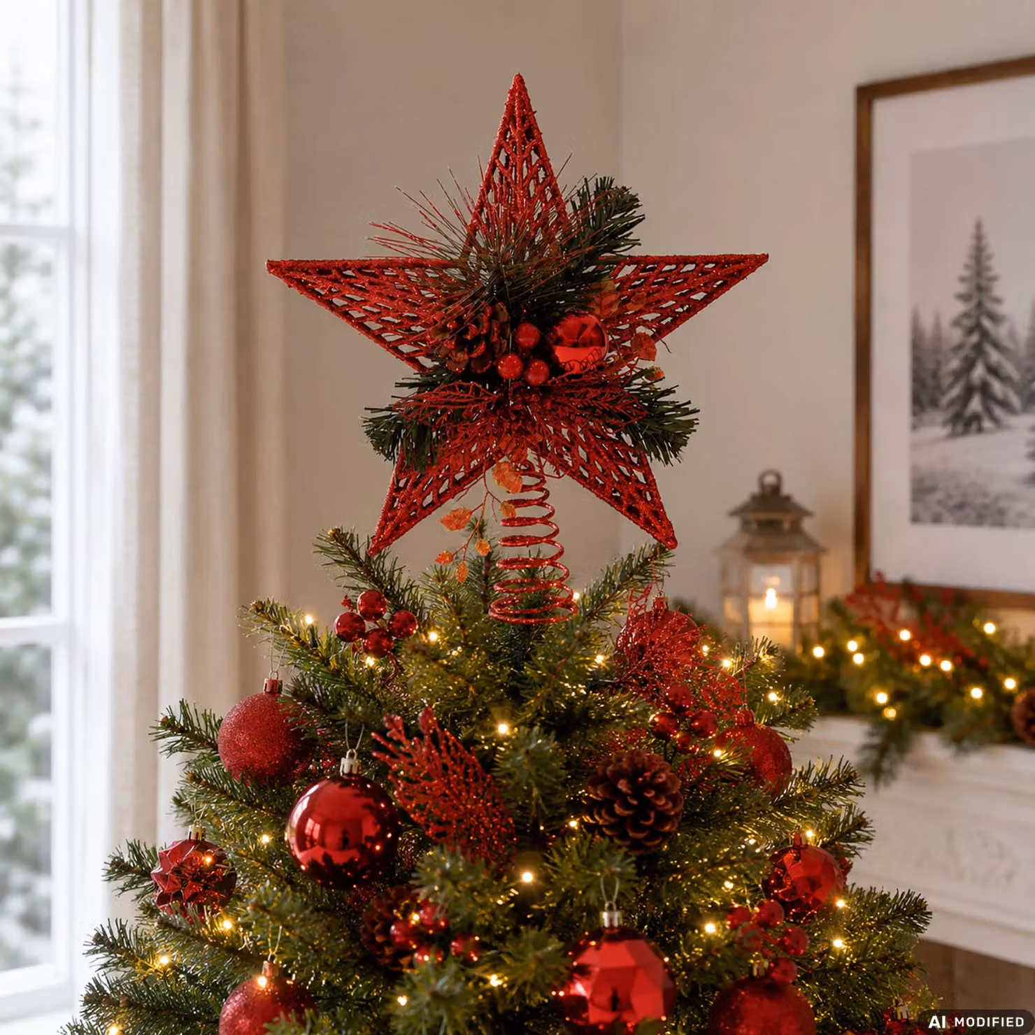 Puntale Stella di Natale Glitterata con Pigne VESTIAMO CASA, Colore Rosso e Verde, Altezza: 32 cm – 2