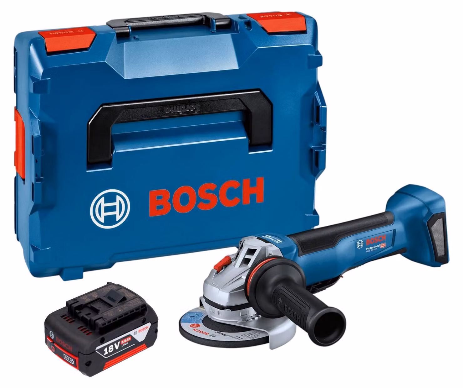 Smerigliatrice angolare a batteria Bosch GWS 18V-10 P Professional 18 V 125 mm Brushless + 1 batteria da 5,0 Ah + L-Boxx - senza caricabatterie