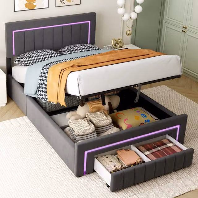 Desviae Letto imbottito 140 × 190 cm con contenitore, LED luce calda, rete a doghe, cassetto, velluto grigio