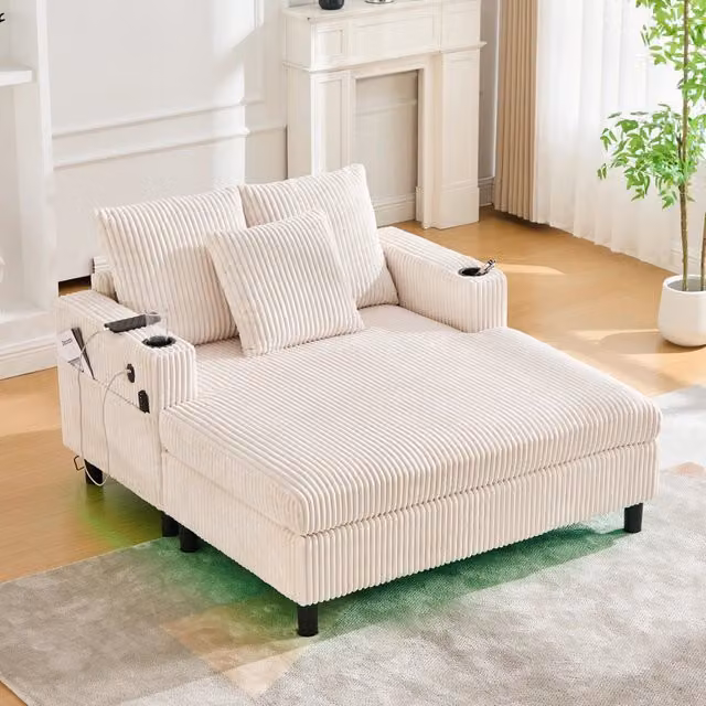 Poltrona Relax Oversize REDOM in Velluto a Costine Beige con LED, USB e Portabicchiere L/P/H: 142 x 128 x 85 cm