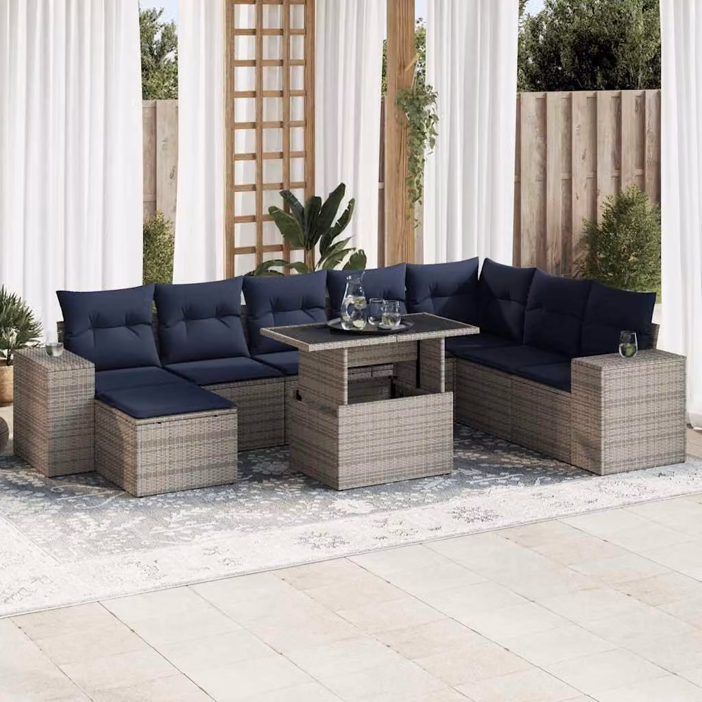 Set Divano da Giardino vidaXL 9pz a Forma di L in Polyrattan con Cuscini e Tavolino, Grigio