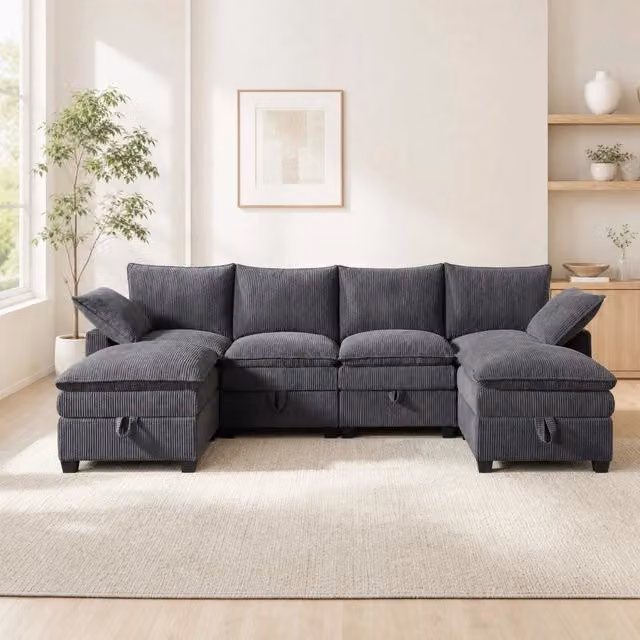 Divano modulare 6 posti a L o U in velluto a coste; con 2 pouf; USB e vani contenitore; grigio