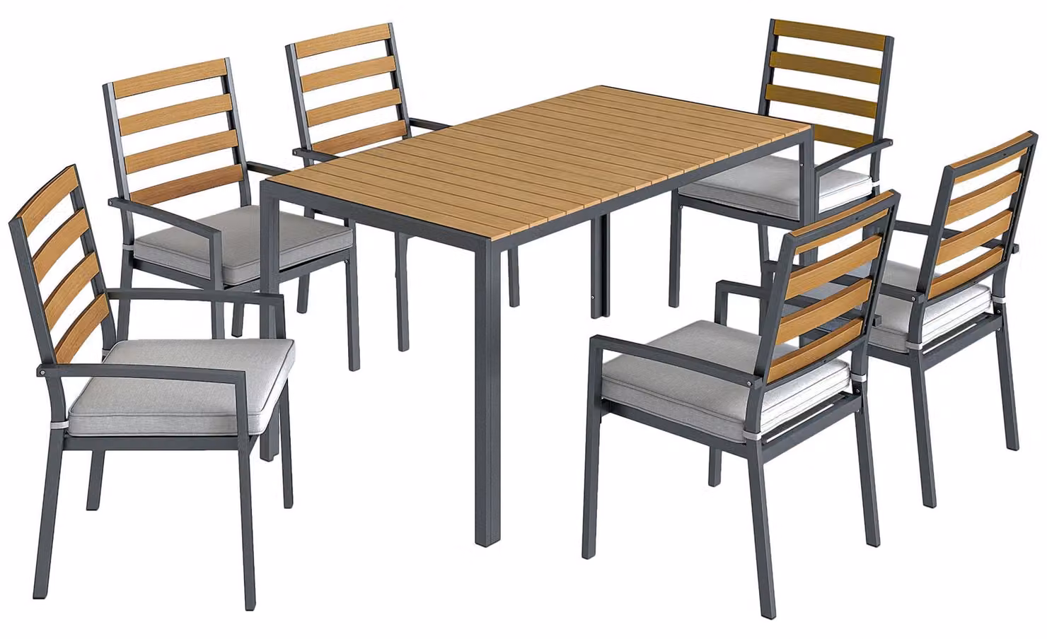 Set da giardino per 6 persone, composto da un tavolo e 6 sedie. Colore: legno naturale. Dimensioni: 80x146x74 cm