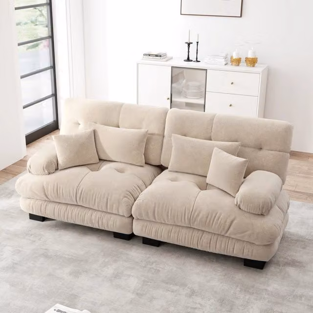 Divano angolare modulare con seduta profonda e cuscini lombari in chenille, caffè chiaro