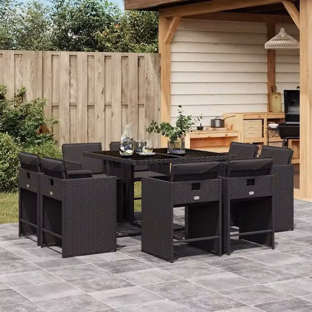Set da Pranzo da Giardino 9 pz con Cuscini Nero in Polyrattan 3211195
