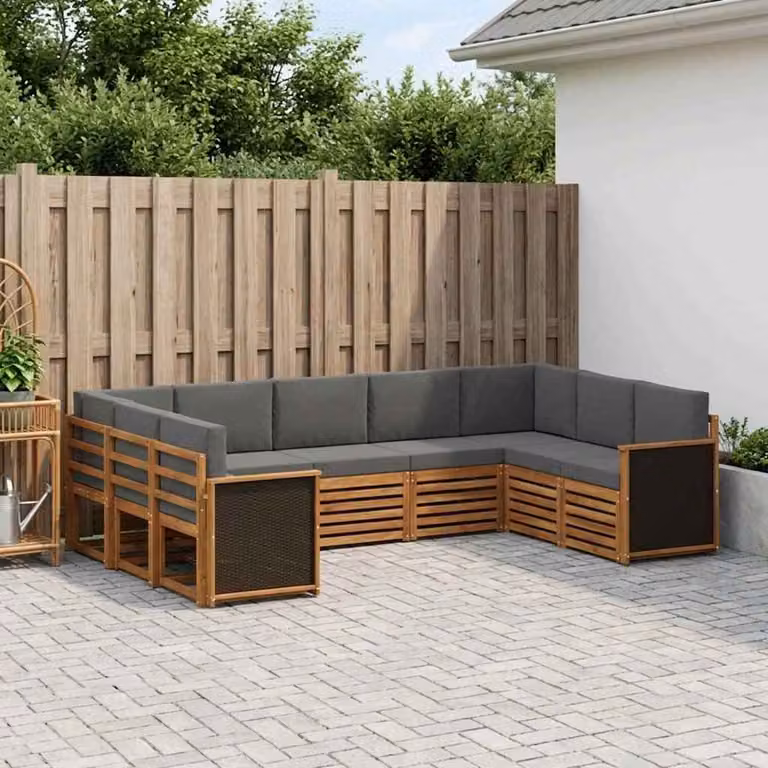 Set di divani da esterno vidaXL a forma di L composto da 7 pezzi in legno di acacia con cuscini inclusi, colori beige e antracite