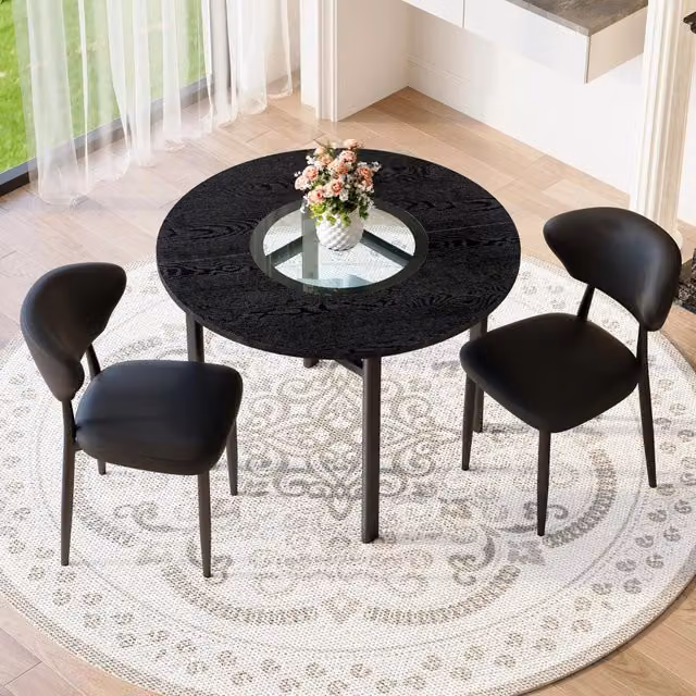 Set tavolo rotondo Mivray con 2 sedie, piano in MDF nero con inserto in vetro e ripiano inferiore in vetro, gambe in metallo nero