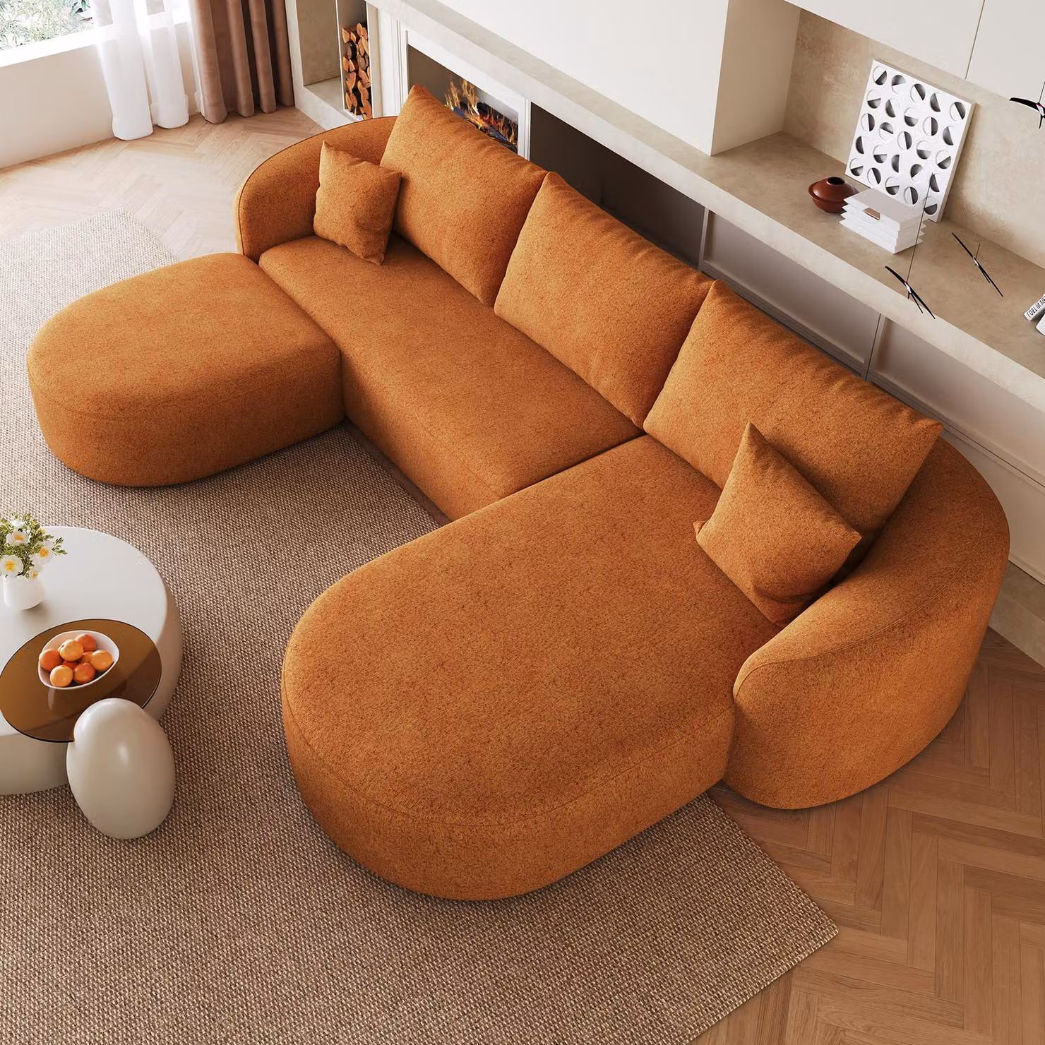Divano angolare MODFU a forma di U, divano modulare a 2 posti con chaise longue a destra e poggiapiedi imbottiti, dimensioni 266 x 168 x 85 cm, divano senza necessità di montaggio, divano letto, colore arancione