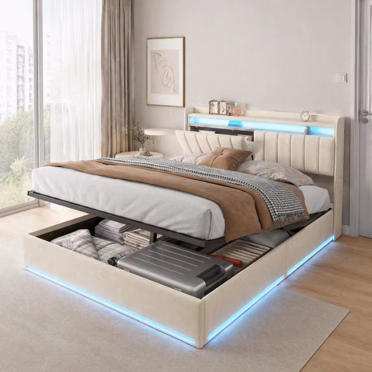 Letto imbottito INONEFT 140x190 con LED, letto per ragazzi, letto singolo, testiera con spazio contenitore e stazione di ricarica, letto a molle con rete a doghe, in velluto, color beige