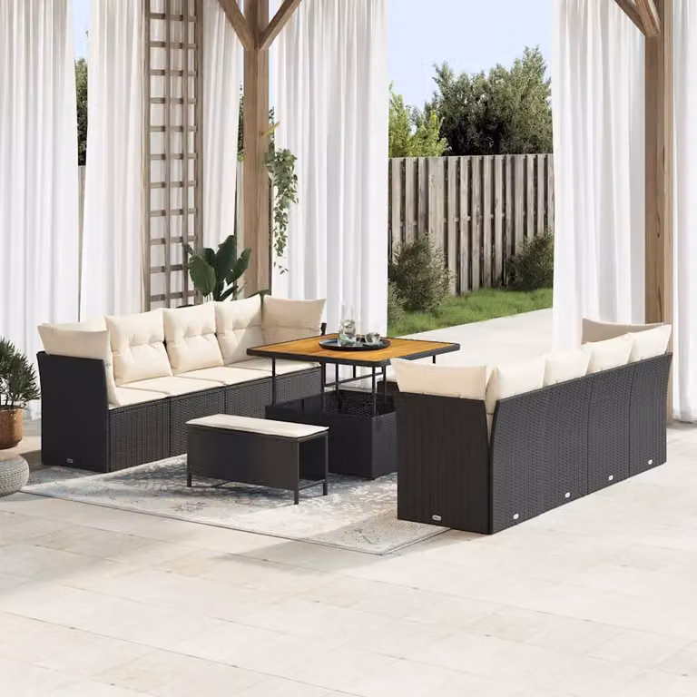 Set Divano da Giardino vidaXL a forma a U composto da 11 pezzi con tavolino e pouf, Colore Nero e Beige