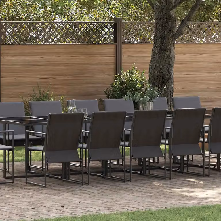 Set da pranzo per giardino e terrazzo vidaXL da 17 pezzi in acciaio verniciato nero opaco e vetro