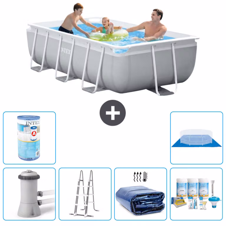 Piscina Intex con struttura a prisma rettangolare - 300 x 175 x 80 cm - grigio - compresa pompa - scala - tenda da sole - pacchetto manutenzione - filtro - telo di fondo