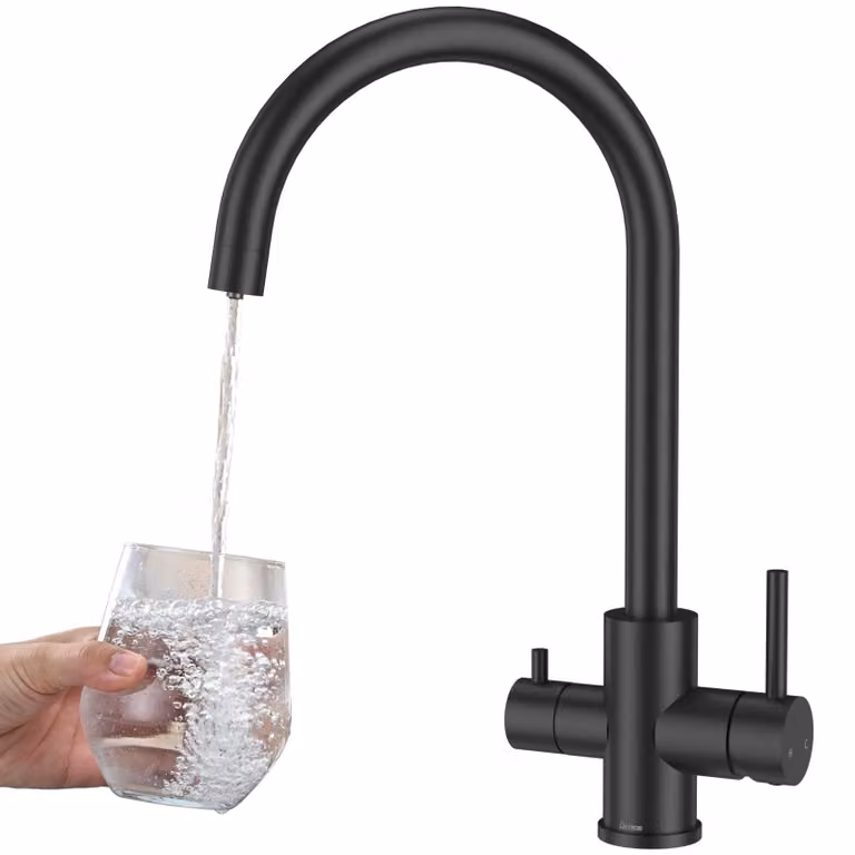 Rubinetto da cucina a tre vie, girevole a 360°, con 2 manopole, in acciaio inossidabile, finitura nero opaco
