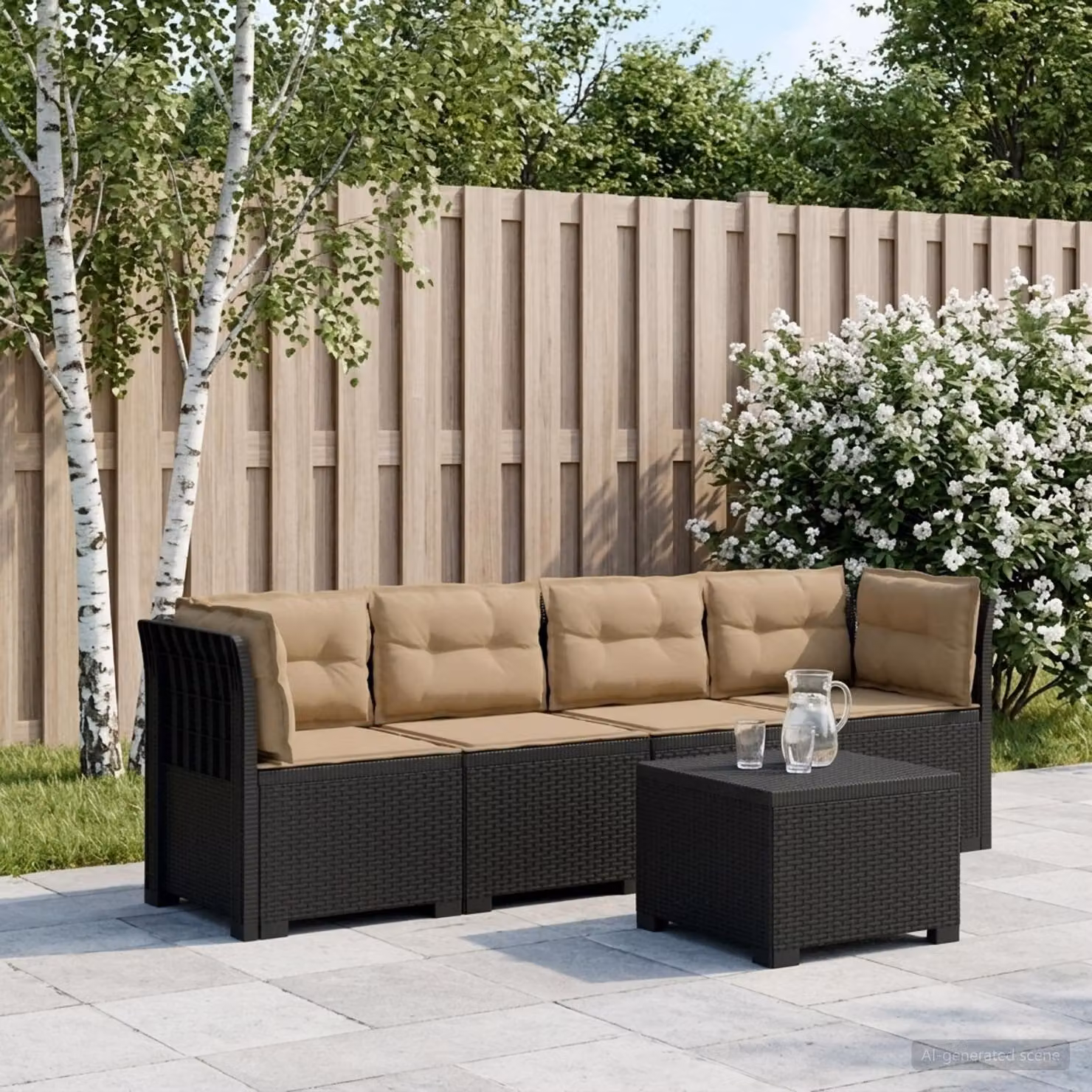 Set da giardino moderno vidaXL composto da divano da esterno a 3 posti, elemento angolare, tavolino da caffè e cuscini imbottiti resistenti ai raggi UV in stile rattan, disponibile nei colori antracite, beige e grigio