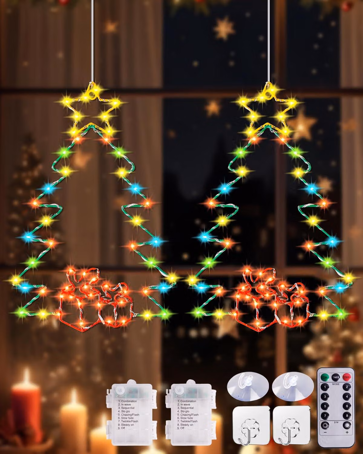 Luci per finestre a forma di albero di Natale, 2 pezzi, LED, 8 modalità, timer, telecomando