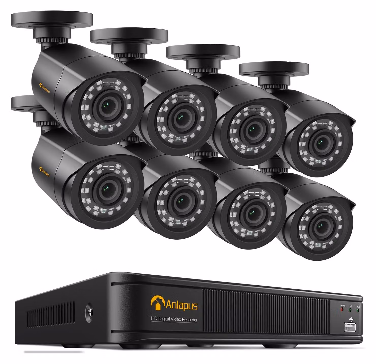 Kit di videosorveglianza con DVR a 8 canali, 8 telecamere cablate da 2MP - Risoluzione 1080p - Colore nero - Da utilizzare all'esterno - Sistema di sicurezza CCTV
