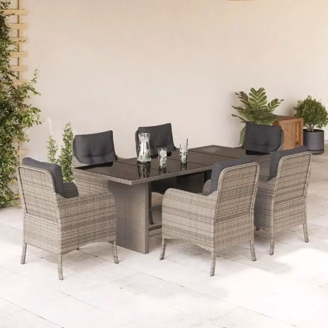 Set da pranzo da giardino moderno vidaXL in polyrattan con piano in vetro, 7 pezzi, grigio antracite