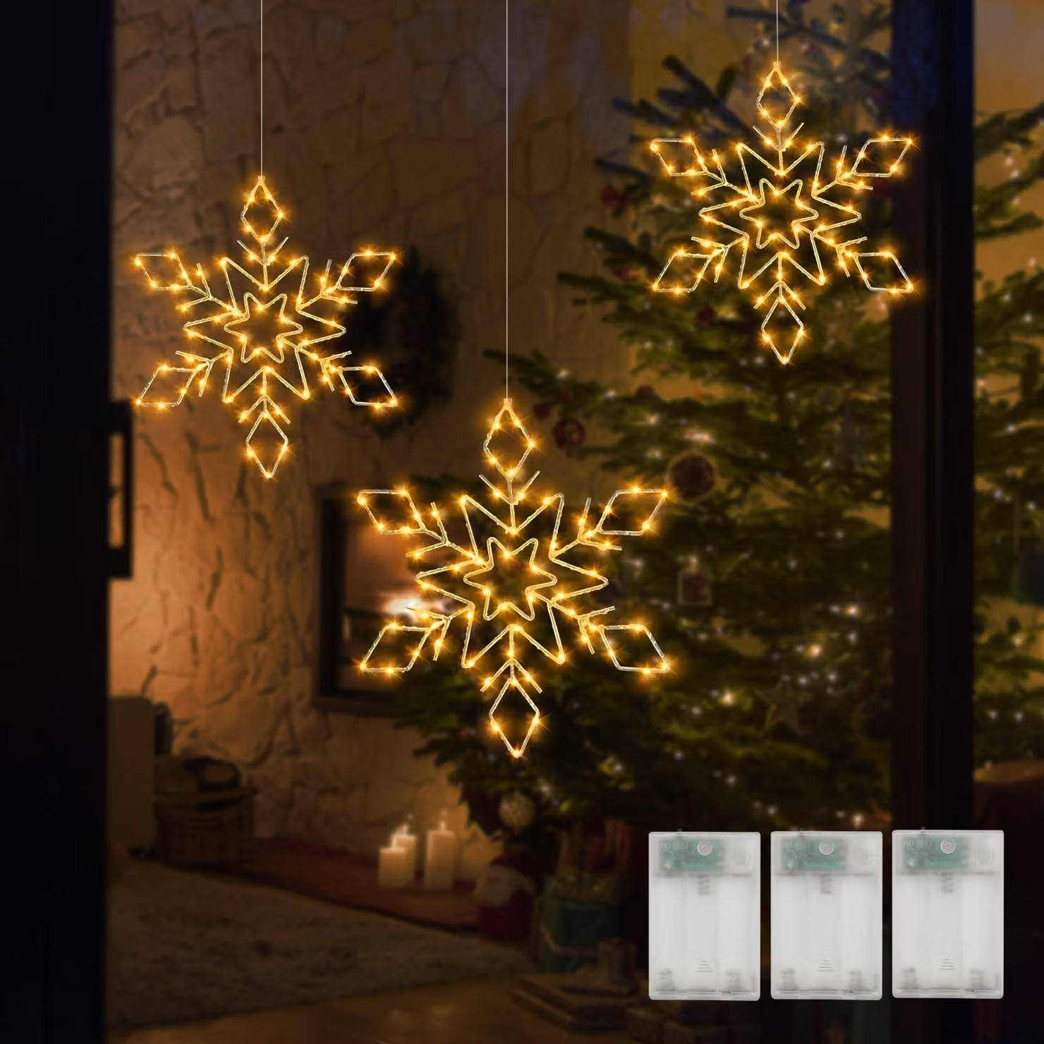 Luci natalizie per finestre - 3 pezzi - Fiocchi di neve a LED - Decorazioni per finestre